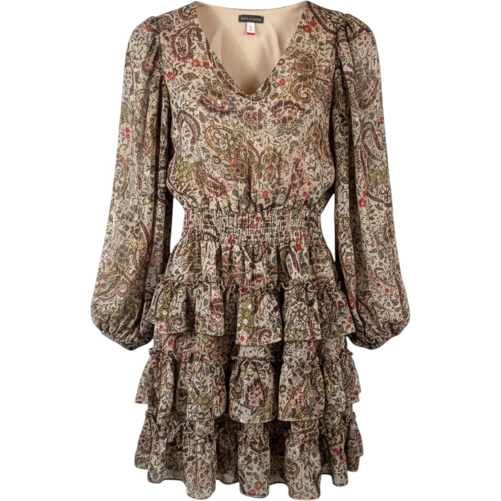 Vince Camuto Metallic Paisley S Tiered Ruffle Mini Dress Balloon Sleeve Bohemian